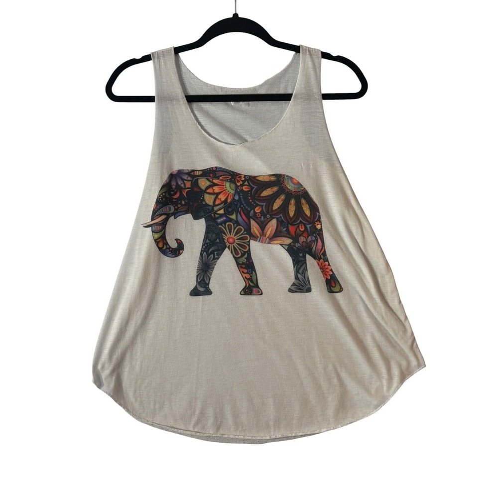 L.A.‎ Soul Elephant Tank Top Women Medium Ivory Floral Graphic Boho Scoop Neck